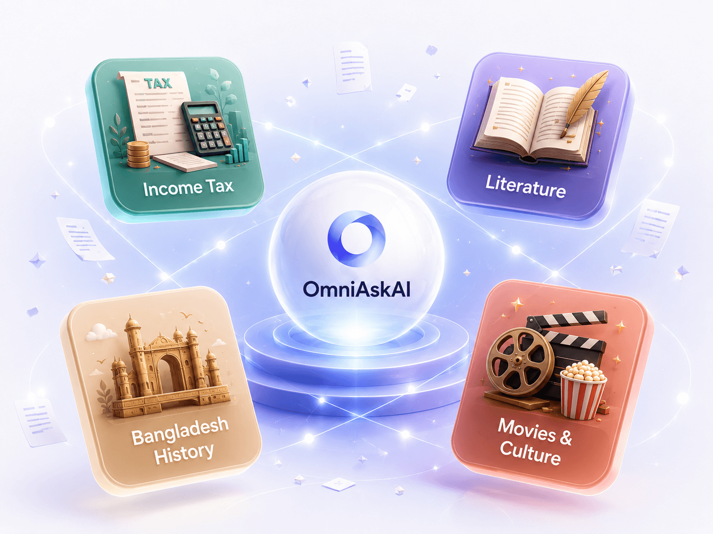 Illustration of OmniAskAI topics including Income Tax and Literature